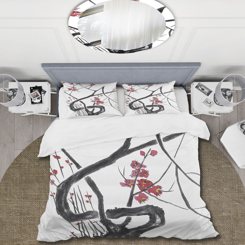 Fleurs de cerisier japonais - ensemble de housse de couette traditionnel - microfibre de polyester