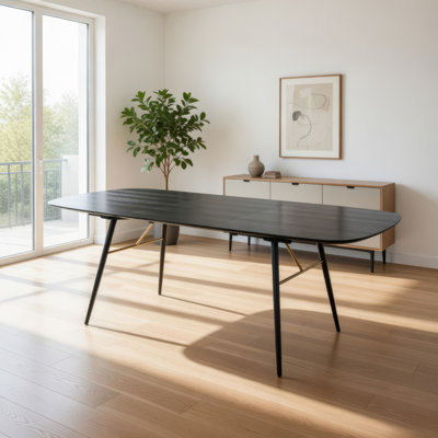 Table de salle à manger Belo, plateau courbé extensible de 71 à 91 pouces, chêne noir, or