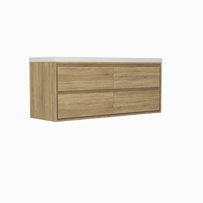Meuble-lavabo moderne en bois naturel avec lavabo double et rangement spacieux