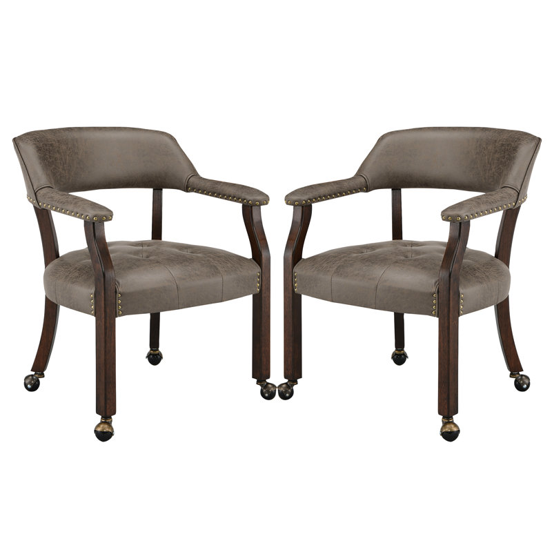 Swivel Tufted Dining Chairs With Casters And Arms, Dark Brown, Espresso Wood