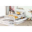 Lit plateforme blanc en bois pleine grandeur avec garde-corps doubles et 2 tiroirs de rangement-195740989-195740988
