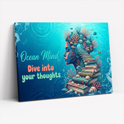 «Ocean Mind Dive Into Your pensés», reproduction d'art sur toile tendue sur toile avec corail et livres, thème sous-marin pour salon, chambre à coucher ou bureau