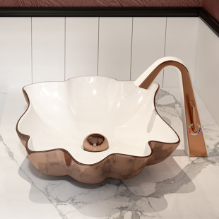 MEJE 24-Inch Unique Lotus Leaf Flower Shape Bathroom Vessel Sink, Above Counter Porcelain Ceramic Vessel Vanity Sink, Art Basin (Include Pop Up Drain)