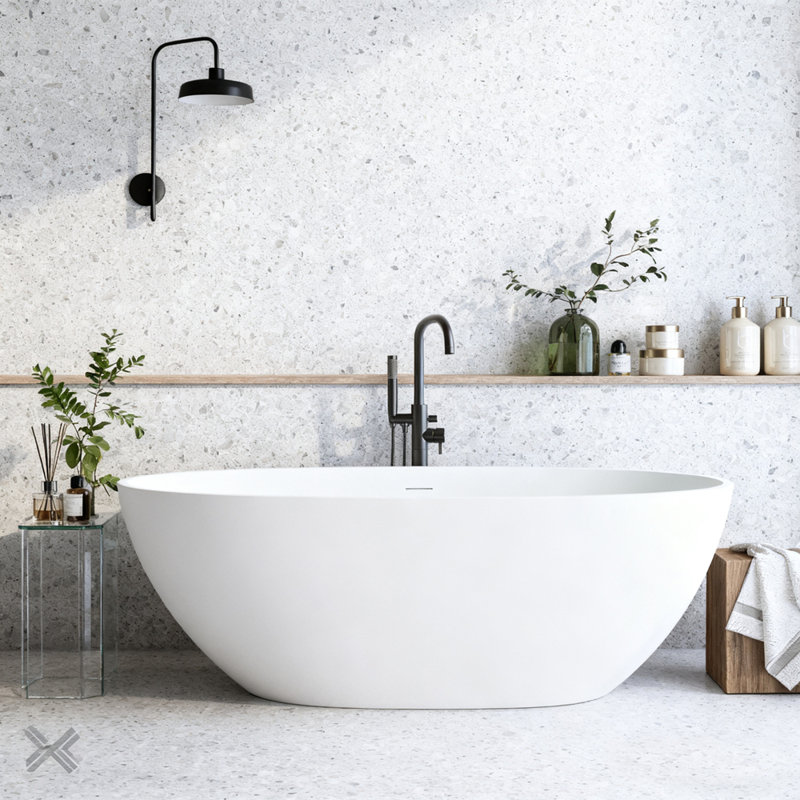 Baignoire de trempage autoportante à surface solide avec trop-plein et bonde escamotable, durable et élégante pour les salles de bain modernes.