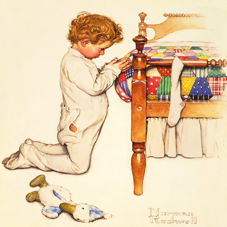 « a christmas prayer » par norman rockwell, reproduction d’art sur toile tendue, H 37 po x l 37 po x P 1,5 po
