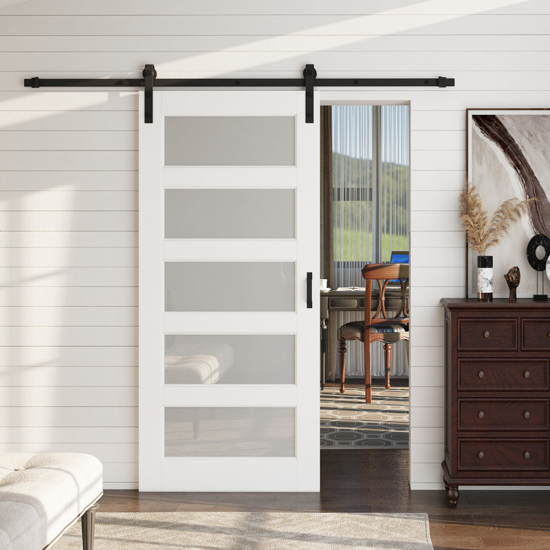 Porte coulissante de style grange, 5 carreaux, verre trempé dépoli, apprêt blanc, 80 po H x 36 po L, avec trousse de quincaillerie d'installation, fermeture amortie, aucun assemblage requis
