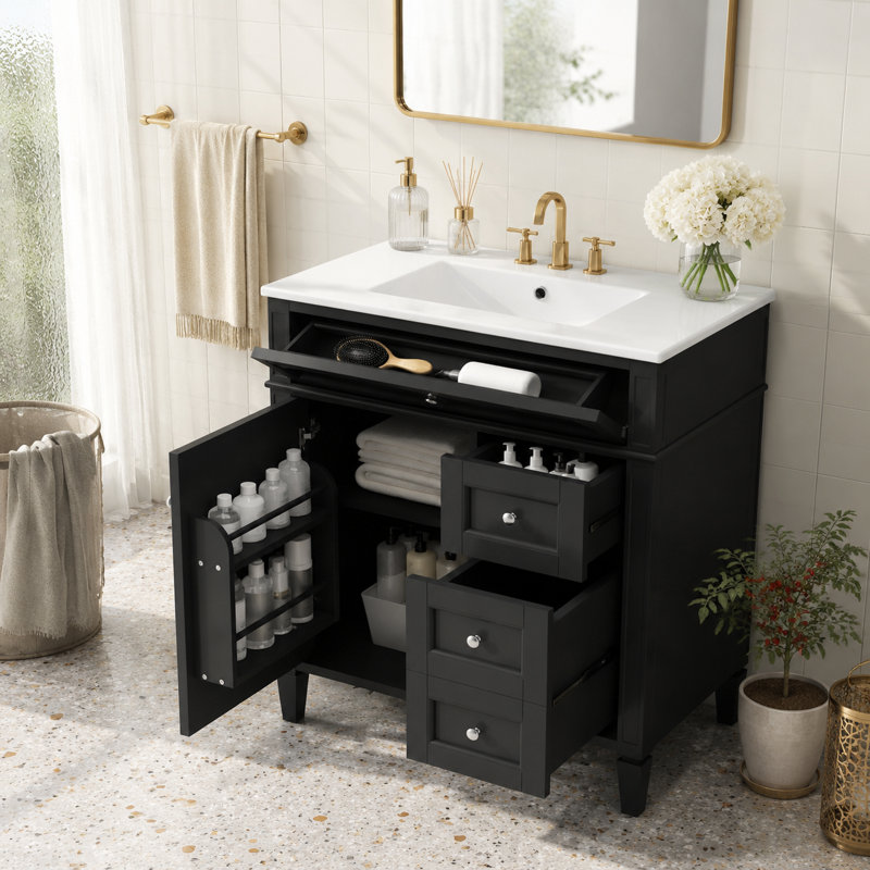 Meuble-lavabo autoportant noir mat en céramique blanche avec boutons chromés