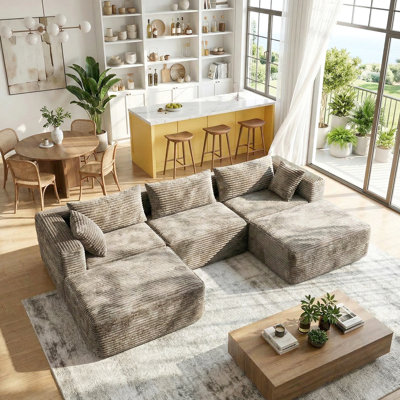 Wrought Studio™ L-Shaped & U-Shaped Modular Cloud Sectional Sofa with 2 Ottomans, Modern Luxury Corduroy Khaki Compression Couches, Deep Seat Comfy Cloud Couch for Living Room, No Assembly Required