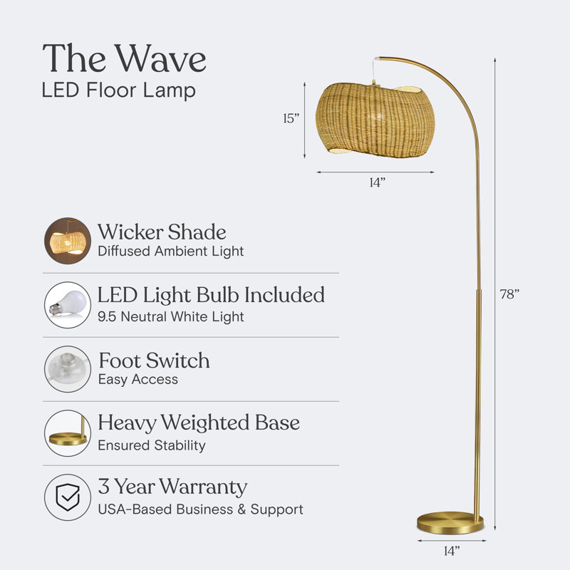 Wave 78 in. Boho Mid Century Modern Rustic Arched Standing Floor Lamp with Rattan Wicker Shade - LED Bulb Included