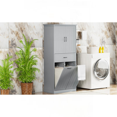 Bathroom Storage Cabinet With Two Laundry Baskets, Storage Cabinet With Doors And Drawer For Home, Grey
