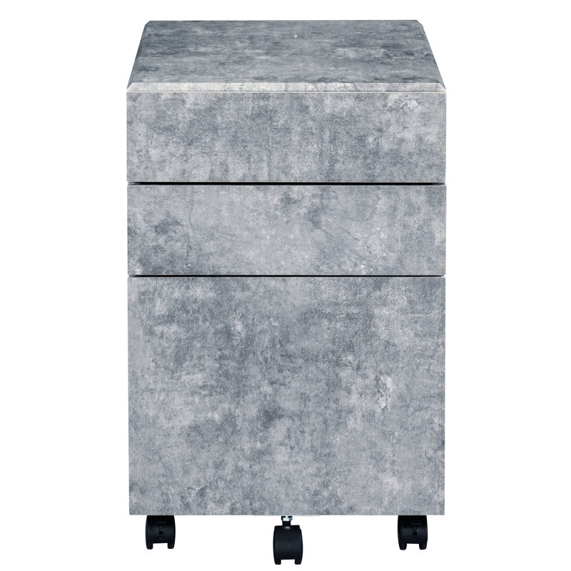 Silver Faux Concrete File Cabinet With Manual Close Drawers For Office Look And 3 Work Area