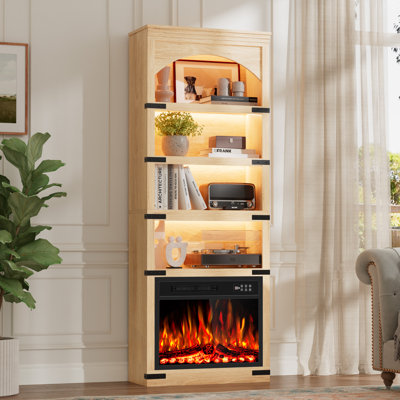 70" Tall Arched Bookshelf w/LED Light, 23 Inch Electric Fireplace with Bookcase, Timer, Realistic Flame Effect, Modern Storage Accent Bookshelf for Home, Office, Living Room