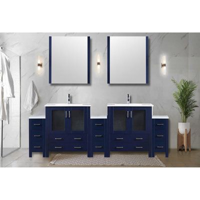 Bleu marine 96 po Grand meuble-lavabo double large avec armoires latérales, comptoir en céramique blanche, 28 miroirs, mécanisme de fermeture en douceur, meuble-lavabo spacieux à tiroir, bleu, l 17,65 po, comptoir, dispositif de fermeture, plateau à gratter