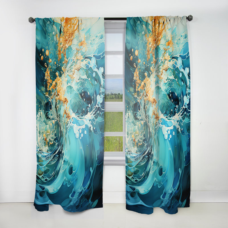 Rideau en velours moderne Aliasgar Aqua Dream Rush Flow III - obscurcissant - 1 panneau, L 52 po x L 63 po