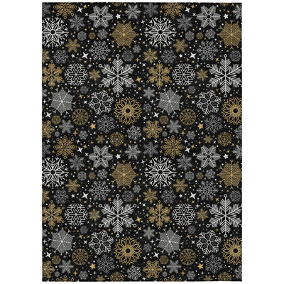 Machine Washable Indoor/Outdoor Christmas Snowflake Xhevrie Black Rug