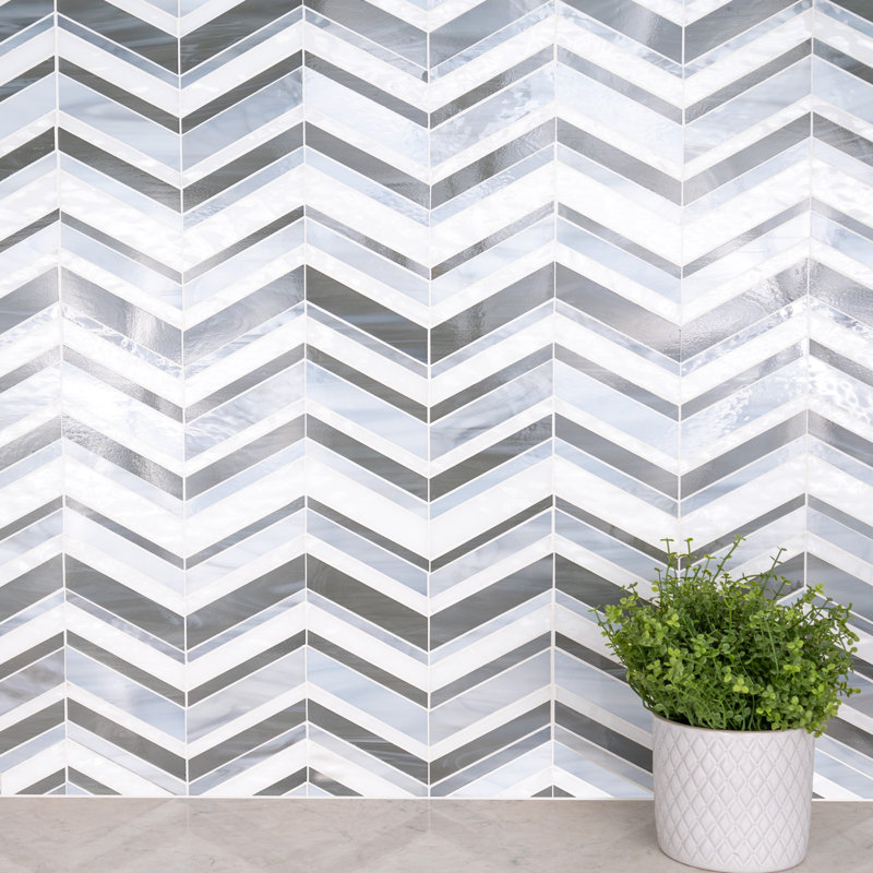 Rietto Arrow Mist Chevron 9 in. x 16 in. Glossy Glass Mosaic Wall Tile, Arrow Mist