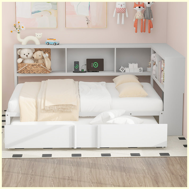 Lit de jour moderne en métal avec couchette, armoires de rangement et ports USB, Blanc