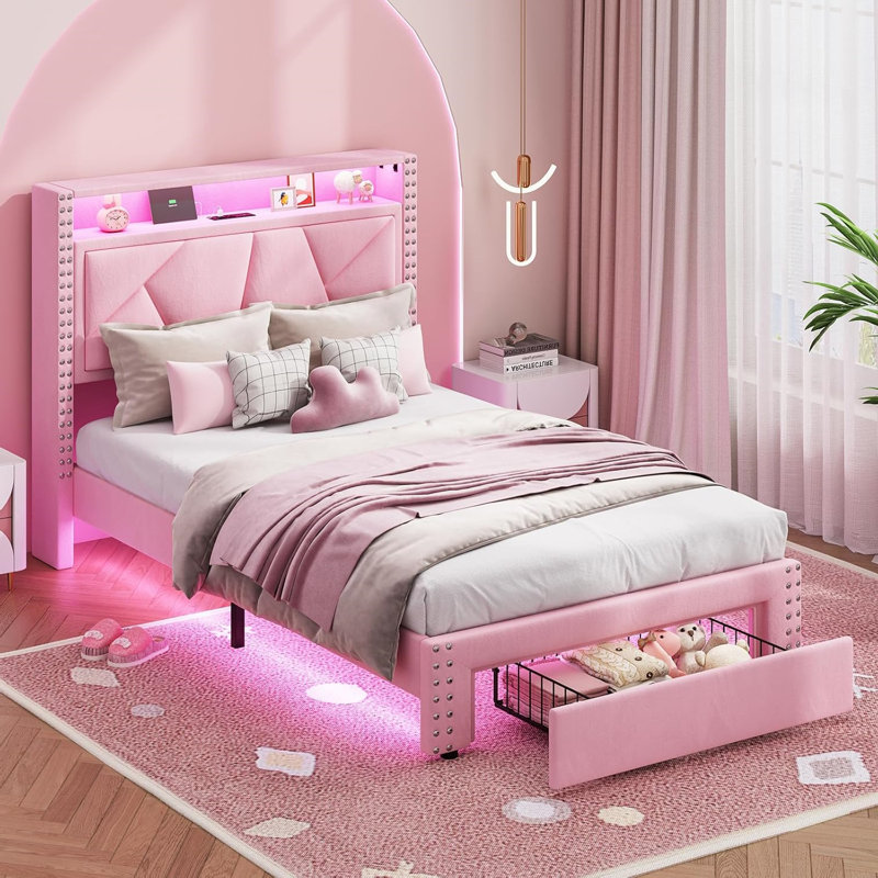 Lit avec rangement en velours pour adolescents avec tiroir et station de charge, Rose