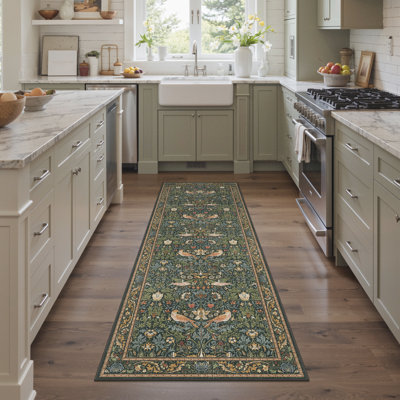  Floral Machine Washable Dark Green/Teal/Orange Indoor Area Rug With Non-Slip Backing