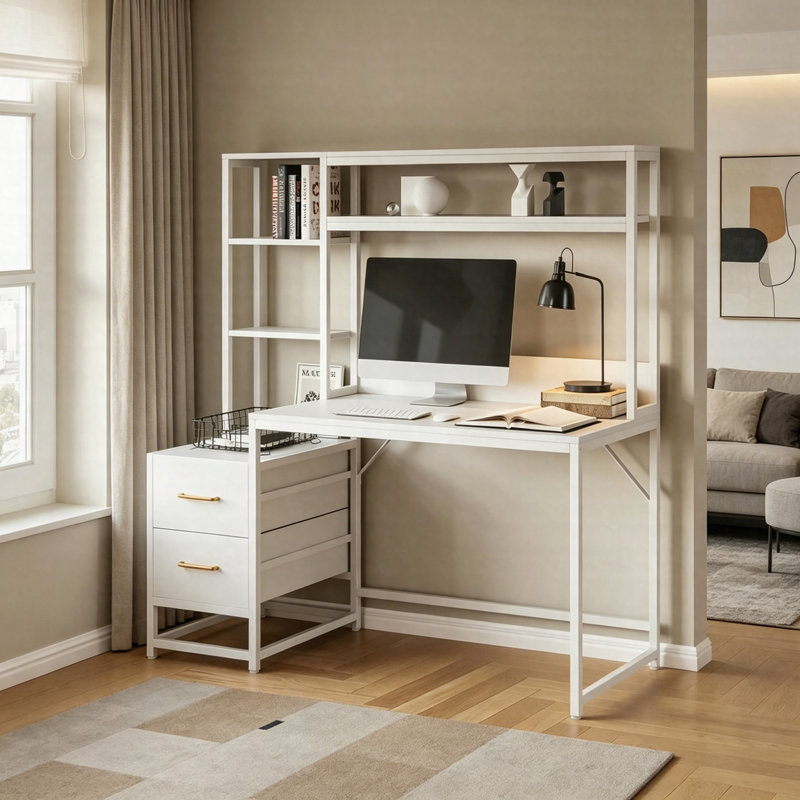 Bureau d'ordinateur de 55 pouces avec tablettes de rangement, bureau rustique avec tiroirs et huche, Blanc
