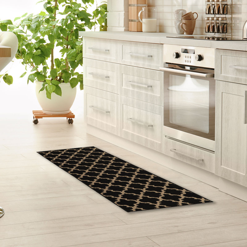 Multi-Size Wool-Effect Classic Arabesque Kitchen Runner Mat, Low-Profile, Stain-Resistant, Non-Slip, Black/Tan