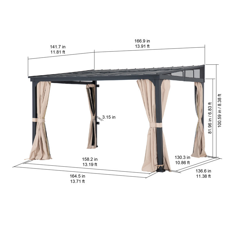 Sunjoy 12 x 14 ft Wall Mounted Gazebo with Powder Coated Steel Roof, Black Aluminum & Metal Frame Lean to Gazebo with Curtains and Netting