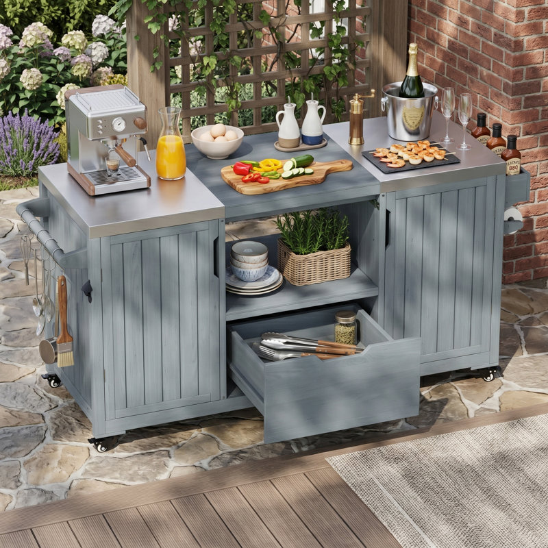 Chariot-îlot de cuisine en bois massif 66,5 po, plateau en acier inoxydable, compatible avec Big Green Egg et Kamado Joe, gris-bleu