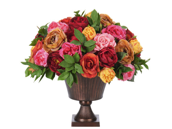 Rose Peony, Pink Red, Metal Urn, 23wx24dx21h