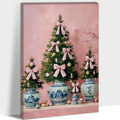 Reproduction murale de photos de Noël rose encadrée arbre de Noël rose, impressions d'art, affiches, peintures sur toile pour le salon, arc et pins, impression d'art prête à accrocher 18 po x 24 po