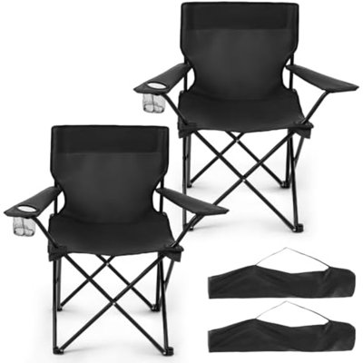 Lot de 2 chaises de camping pliantes pour adultes, chaises de plage portables et pliables avec sac de transport et porte-gobelet, design compact idéal pour le camping, la plage, les pique-niques et la pêche, supporte jusqu'à 136 kg (noir foncé)