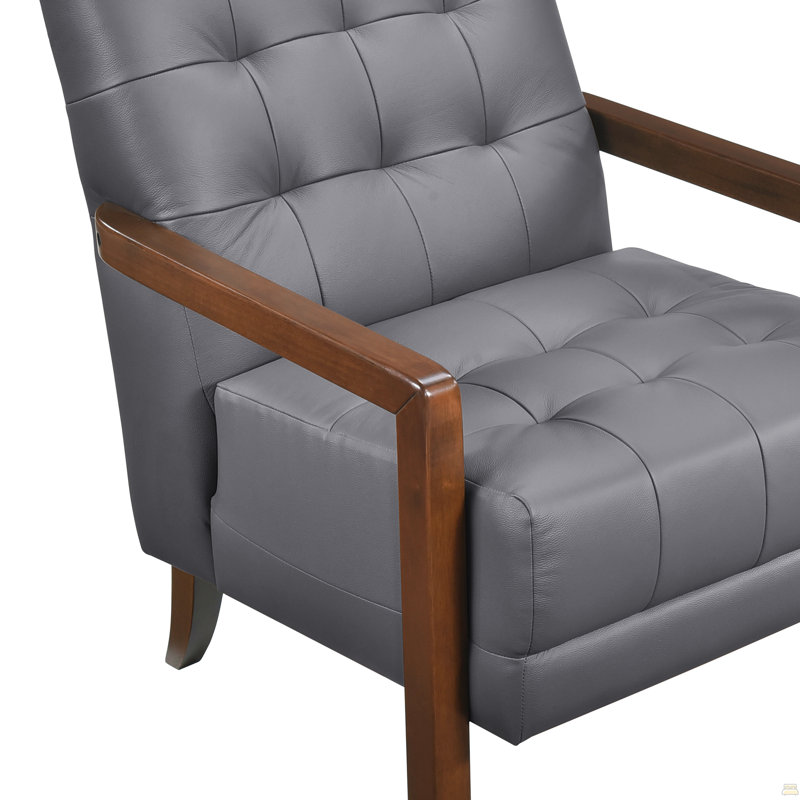Chaise d'appoint de style moderne en cuir gris rembourré capitonné avec finition noyer, meubles en bois 1pc, Gris foncé