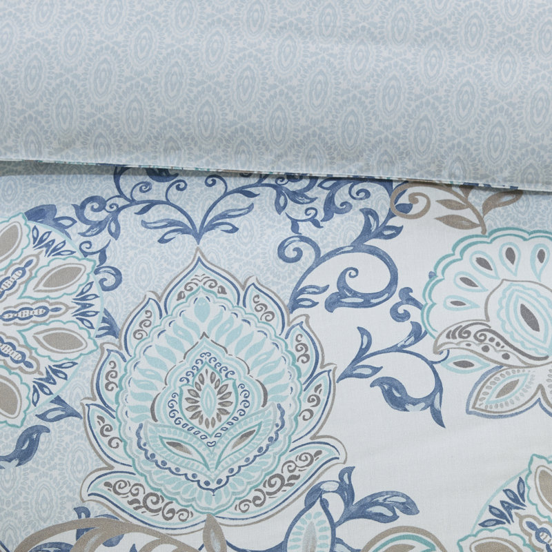 Boho-Chic Blue Floral Cotton King/Cal King Duvet Set