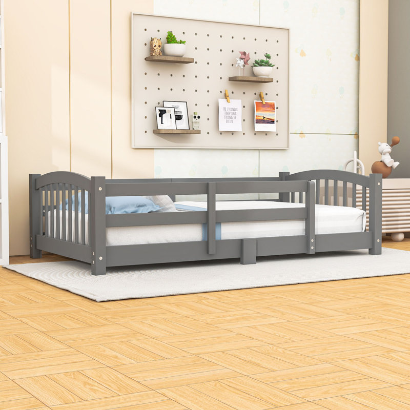 Wood Floor Bed with Safety Guardrails, Gray, Twin