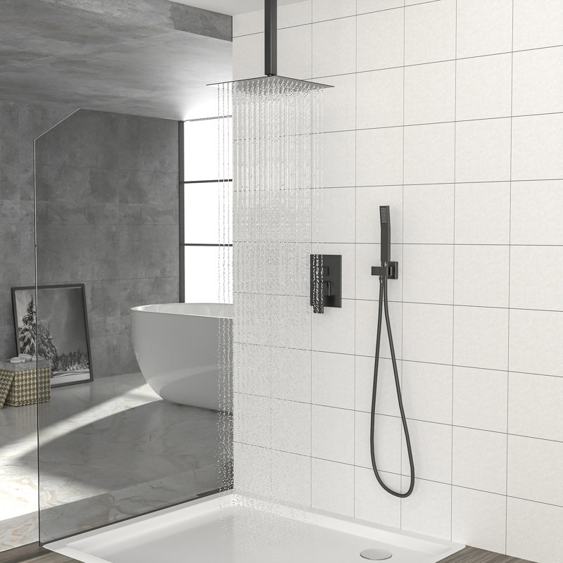 Système de douche de plafond complet avec valve brute avec pomme de douche à pluie de 12 pouces, Noir mat
