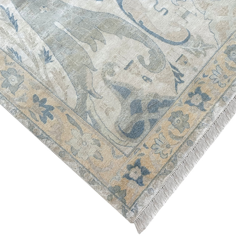 Hand Knotted Wool/Silk Oriental Area Rug in Ivory/Blue/Gray, Rectangle 10' x 14', Cream/Gold