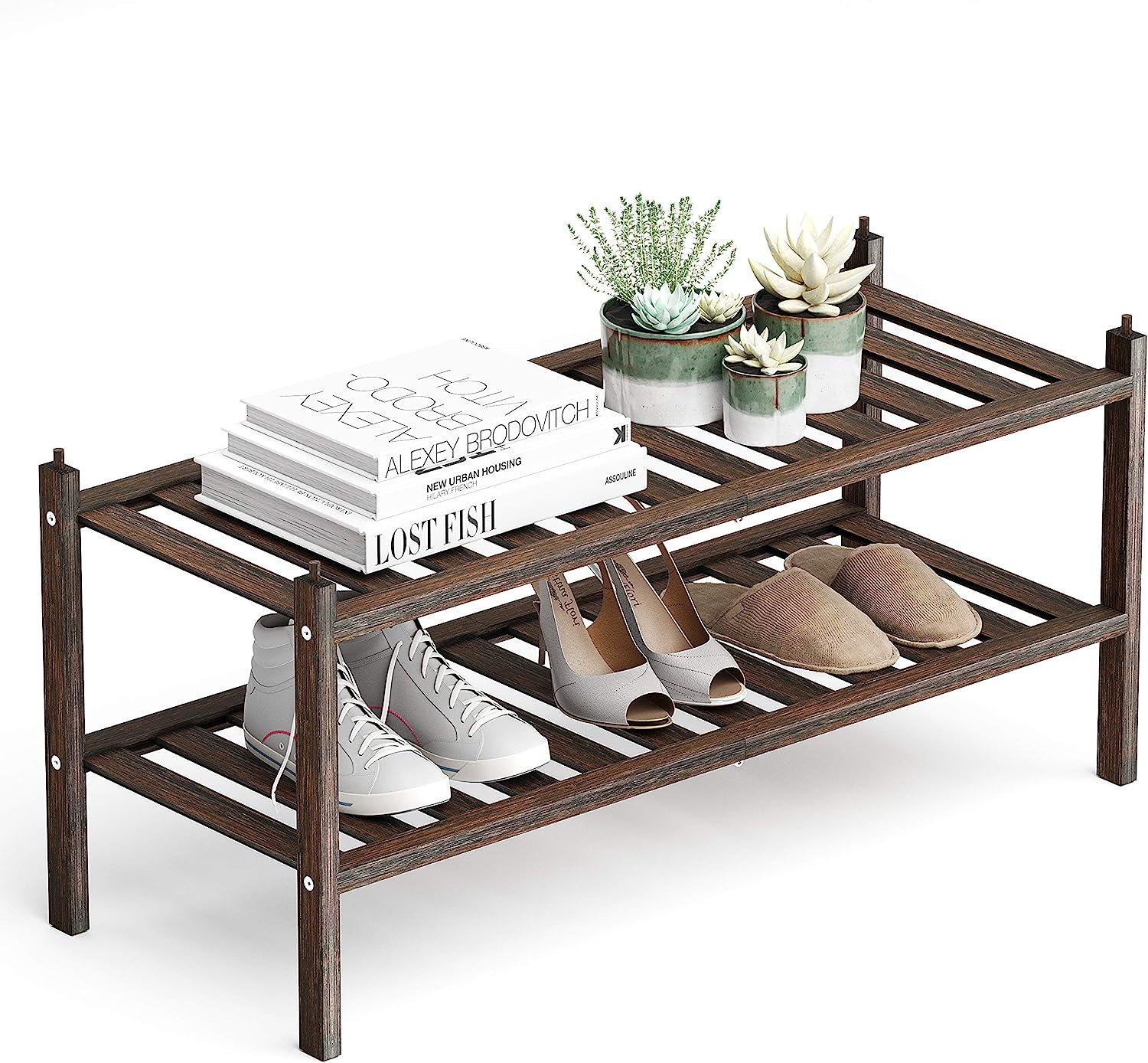 Gracie Oaks 47''L 2-Tier Shoe Bench, Modern Farmhouse Shoes Rack