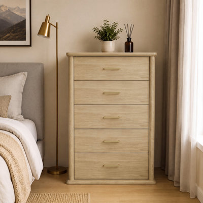45"H 5-Drawer Dresser, Tall Chest of Drawers with Curved Side Panels, Metal Handles & Anti-Tip Kit, Wooden Storage Cabinet for Bedroom, Living Room & Closet