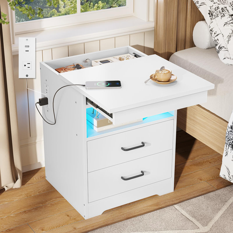 Nightstand With Charging Station And Led Light, Lockable Sliding Tabletop, Modern Nightstand With Storage Drawers And Open Shelves, Side Table For Bedroom And Home Office, White