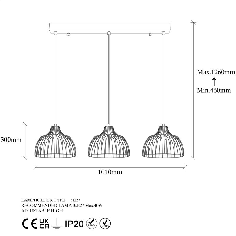 Luminaire suspendu en dôme pour îlot de cuisine 3 lumières Huckins