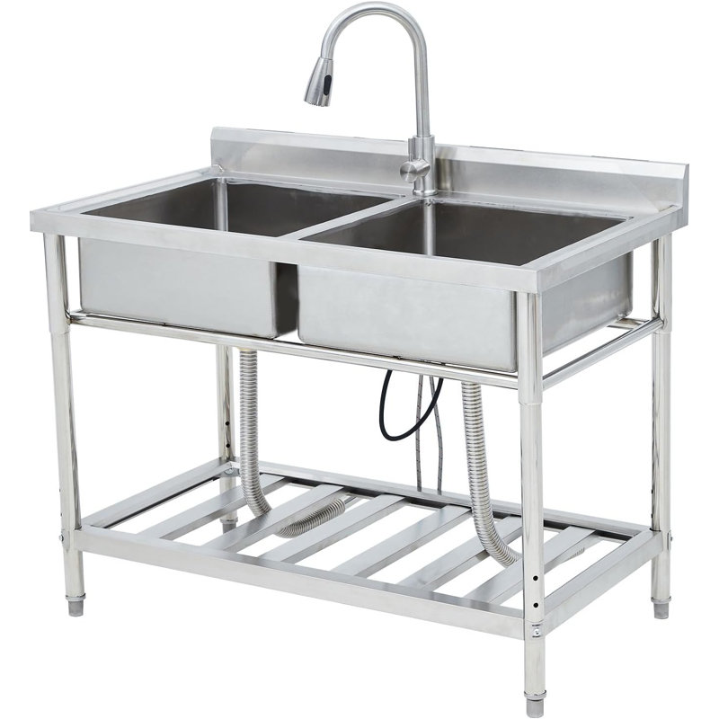 Stainless Steel Utility Sink - 43x25x35 Inch, Commercial Kitchen Sink with Pull-Out Faucet, Free Standing Dual Bowl, 3-Stage Adjustable Rack, Ideal for Restaurant, Workshop, Laundry