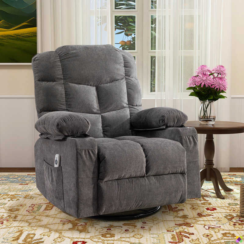 37.4" W Massage Heater Recliner, 360° Swivel, 30° Rocker, Cup Holders, USB Port, Gray Polyester