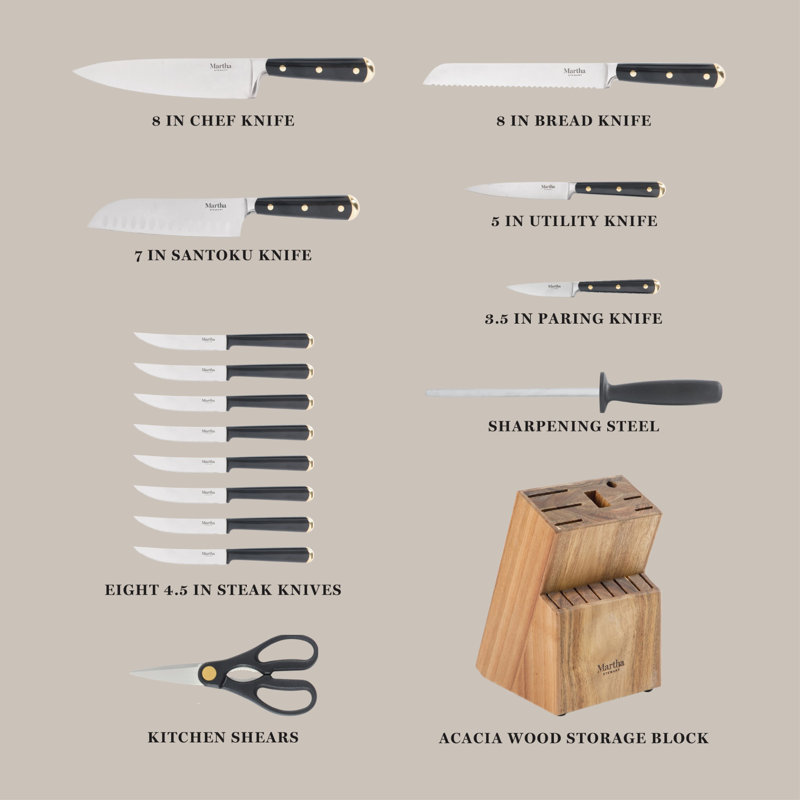 Martha Stewart 16 Piece Lockton High Carbob Stainless Steel Cutlery Kitchen Knife Block Set W/ ABS Tripe Riveted Forged Handle Acacia Wood Block - Sage Green W/ Gold