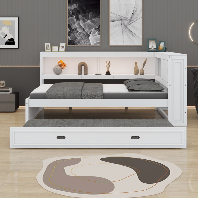 Daybed With Storage Shelves, USB, LED, And Trundle, White