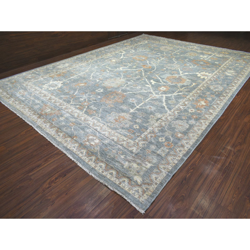 Tapis bleu en laine noué à la main 12 pi x 12 pi Angora Oushak 12C x 6 pi