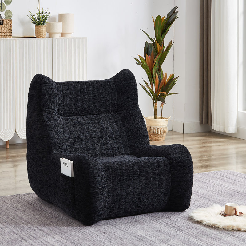 Graysen Velvet Bean Bag Chair with Armrests & Side Pocket, Black Chenille