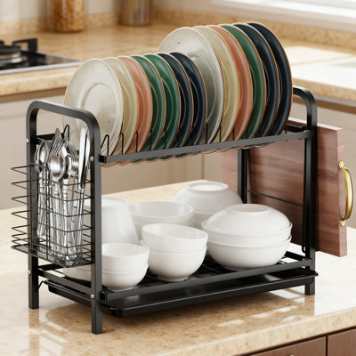 Égouttoir à vaisselle à 2 niveaux avec égouttoir, égouttoir à vaisselle compact résistant à la rouille avec porte-ustensiles et porte-planche à découper pour les petits comptoirs de cuisine