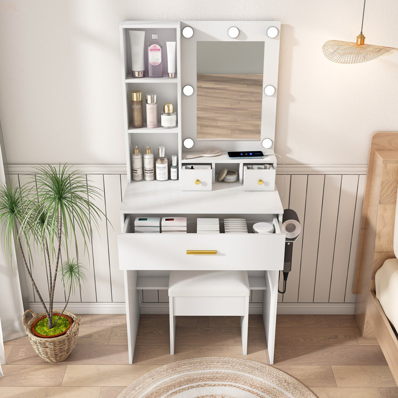 Vanity Table With Mirror & Adjustable LED Lights, Power Outlet, Hairdryer Holder & Stool – Compact Dressing Desk For Small Bedrooms