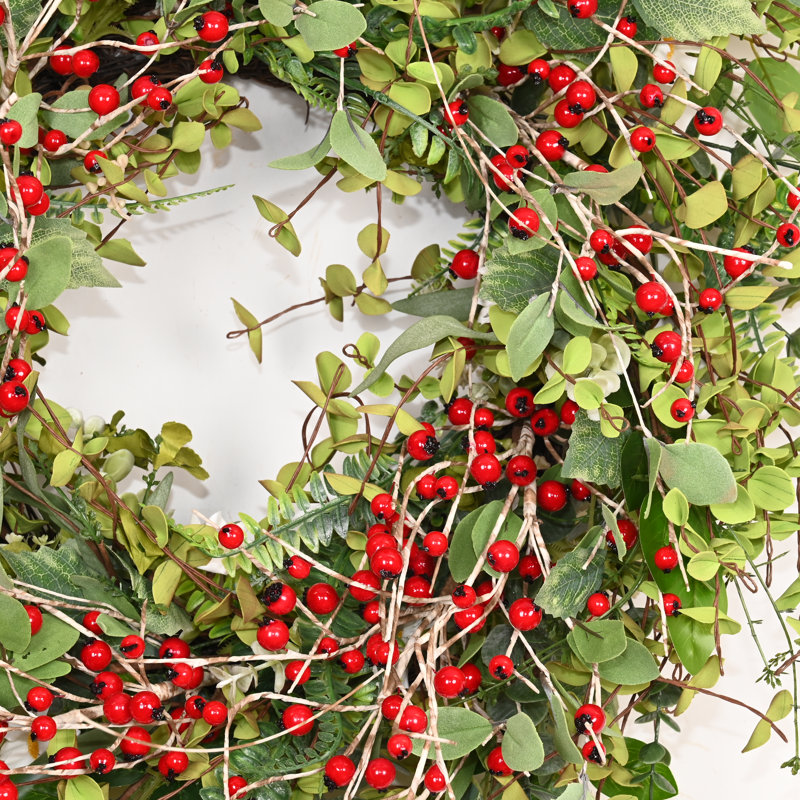 Couronne de 24 po pour porte de campagne artificielle printemps été été, Vert/rouge