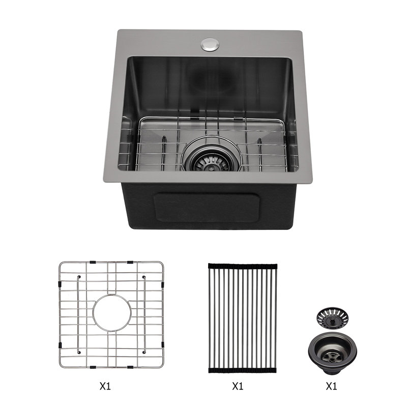 Évier de cuisine encastré en acier inoxydable 15 po 15 po x 15 po à cuve profonde noire de calibre 16