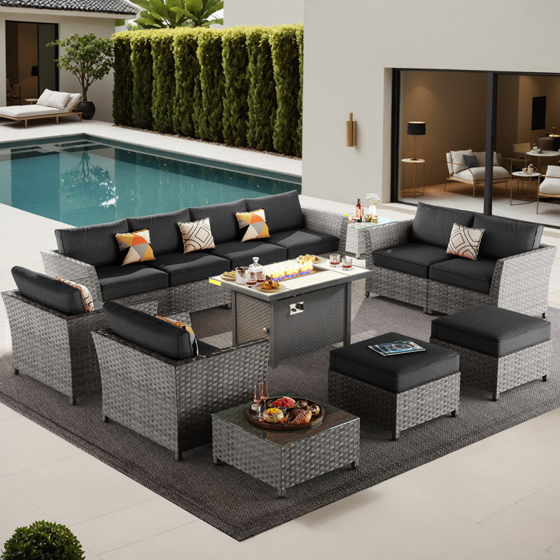 Cassville 8 - Person No Assembly Required Outdoor Conversation Set, Patio Wicker Sectional Seating Group with Cushions, All Weather Sofa Set with Optional Fire Pit Table for Garden Backyard